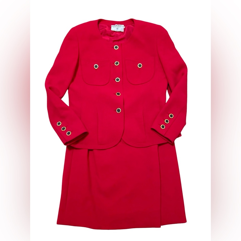 Vtg CHANEL Boutique Red Wool Silk Jacket & Skirt Suit Set Sz 44